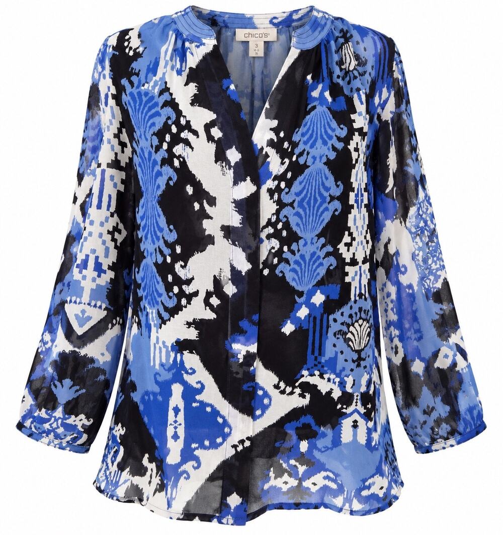 Chico’s Blue Black White Abstract Print Sheer Tunic Blouse Size 3 US 16 NWT